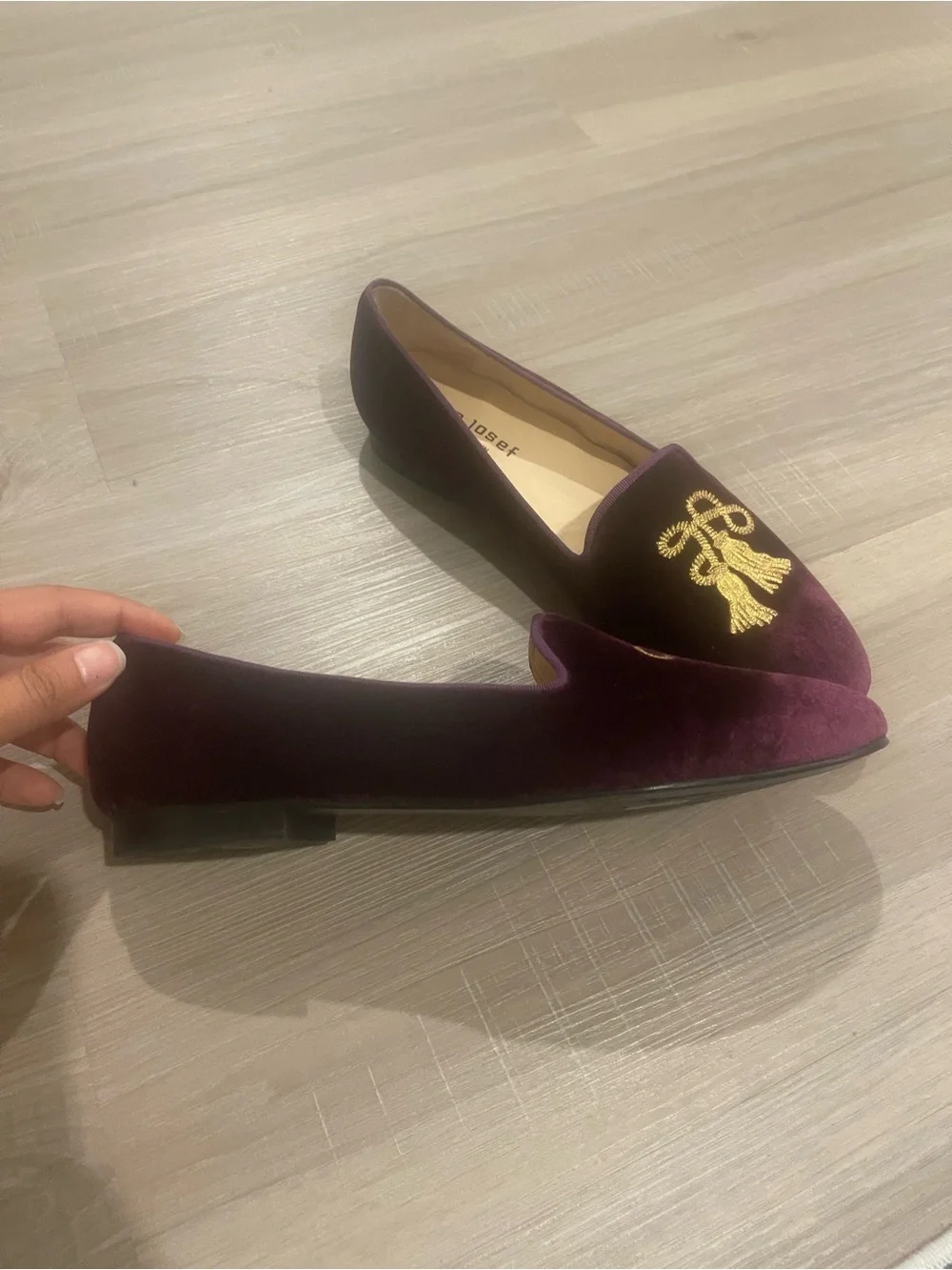 Jon Josef Women’s Velvet Tassel Loafers in Deep Plum size 10